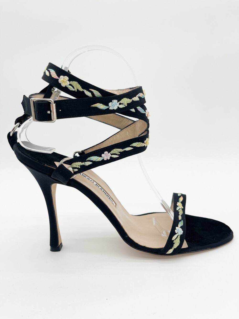 Manolo Blahnik Vintage Black Floral Embroidered Strappy Stiletto Sandals IT 41
